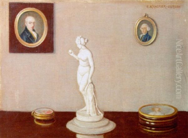 A Still Life With A Marble Sculpture Of A Classical Beauty And Miniatures Oil Painting by Elisabeth Kraemer-Obreen