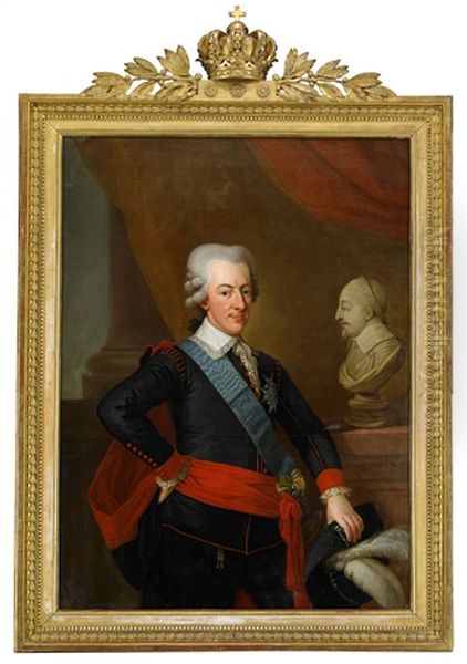 Portratt Av Gustav Iii - Sveriges Konung - Ikladd Svenska Drakten Och Barandes Serafimerordens Ljusbla Band, Ordenstecken Och Kraschan - Staende Knabild Oil Painting by Per Krafft the Elder