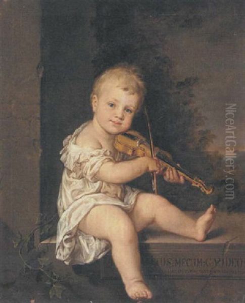 Portrait Of The Artist's Son Playing The Violin, Seated On A Stone Ledge In A Landscape Oil Painting by Barbara Steiner Krafft