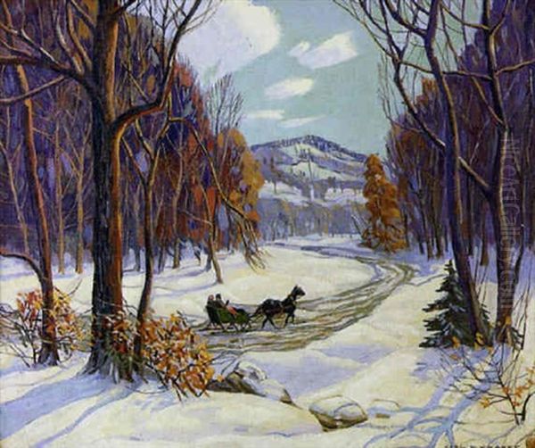 Winter Landscape With Figures Riding In A Horse-drawn Sleigh Flanked By Dense Forest And Mountains Oil Painting by Carl Rudolph Krafft