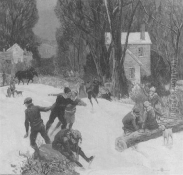 Winter Skating Scene Oil Painting by Carl Rudolph Krafft