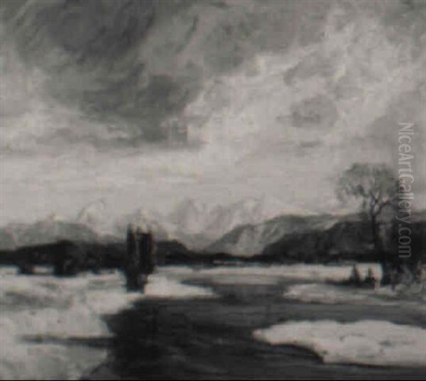 River And Mountains In Winter Oil Painting by Carl Rudolph Krafft