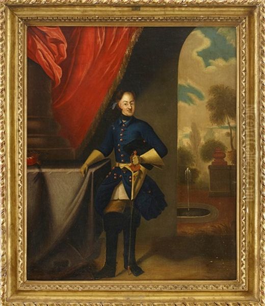 Portratt Av Karl Xii (1682-1718) Ikladd Bla Uniformsrock Med Varja - Staende Helfigur Oil Painting by David von Krafft