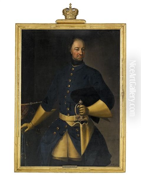 Portratt Av Karl Xii (1682-1718) Ikladd Bla Uniformsrock Med Varja Och Trikorn Stodd Mot Bord Med Regalier - Staende Knastycke Av Lundatypen Oil Painting by David von Krafft