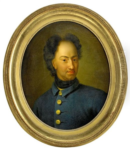 Portratt Av Karl Xii (1682-1718) Ikladd Bla Uniformsrock Och Svart Halsduk - Brostbild Oil Painting by David von Krafft