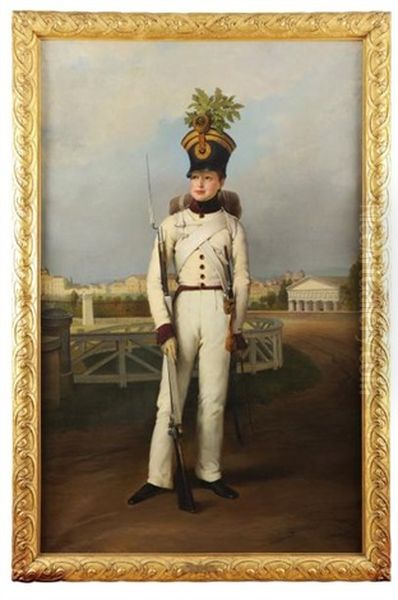 Portrait Du Duc De Reichstadt (napoleon Ii) En Uniforme Blanc De Sergent Major Du 1er Regiment D'infanterie, Devant La Bellaria Oil Painting by Johann-Peter Krafft