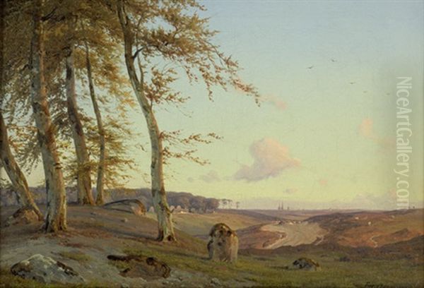 Hugellandschaft Bei Sonnenuntergang In Seeland, Im Hintergrund Der Dom Von Roskilde Oil Painting by Frederik-Carl-Julius Kraft