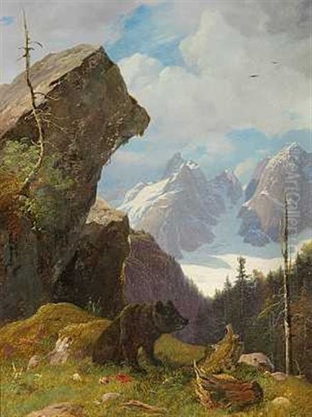 En Bjorn I Alperne, I Baggrunden Sneklaedte Tinder Oil Painting by Frederik-Carl-Julius Kraft