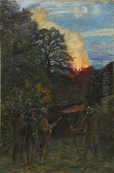 Historical Scenery With Soldiers At A Burning Castle Oil Painting by Johannes Kragh