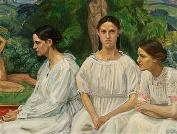 Portrait Of The Danish Painter Joakim Skovgaard's Three Daughters, Eline, Agnete And Georgia Oil Painting by Johannes Kragh