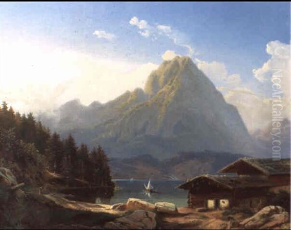 Bauernhauser An Einem Schweizer Gebirgssee Oil Painting by Hermann Kramer