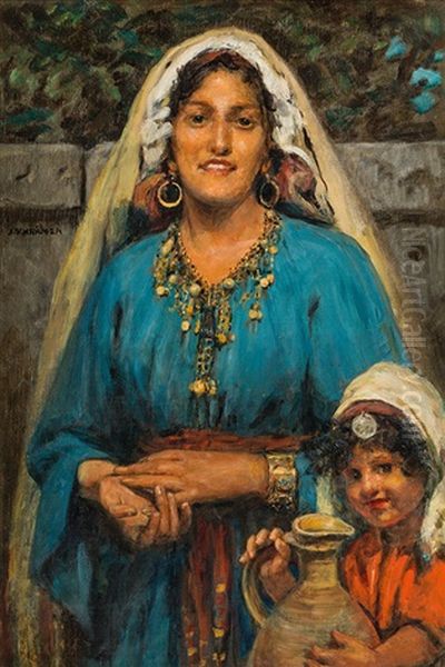 Oriental Woman With Child Oil Painting by Johann Victor Kramer