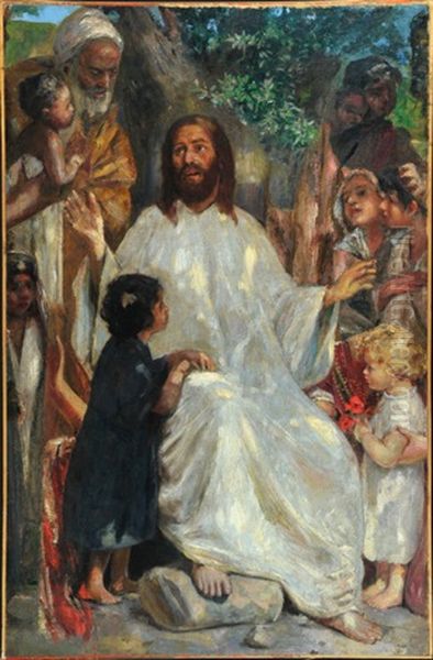 Jesus Inmitten Von Kindern Und Weiteren Personen Oil Painting by Johann Victor Kramer