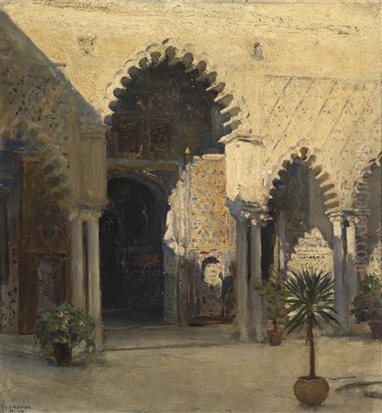 Patio De Las Doncella In Alkazar (sevilla) Oil Painting by Johann Victor Kramer