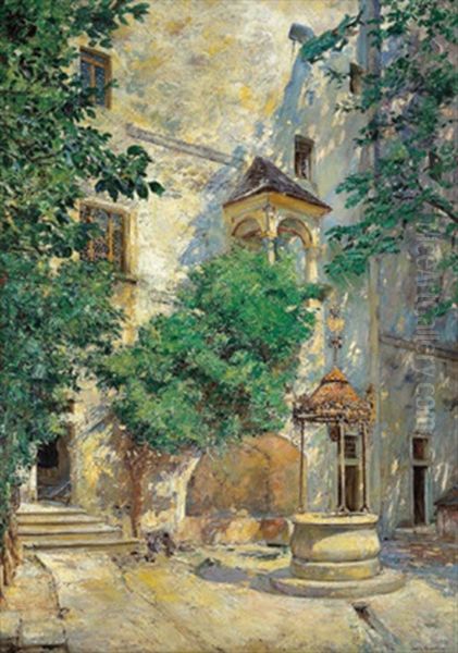 Der Brunnen Im Innenhof Von Schlos Seebenstein Oil Painting by Johann Victor Kramer