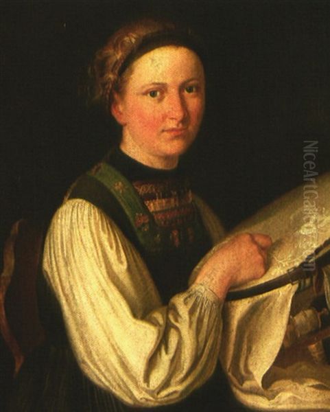 Portrait Eines Madchens Am Stickrahmen Oil Painting by Franz Krammer