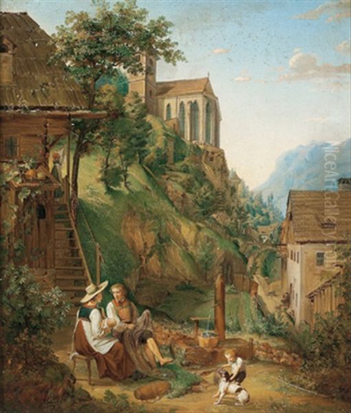 Familienidyll Am Brunnen Oil Painting by Franz Krammer