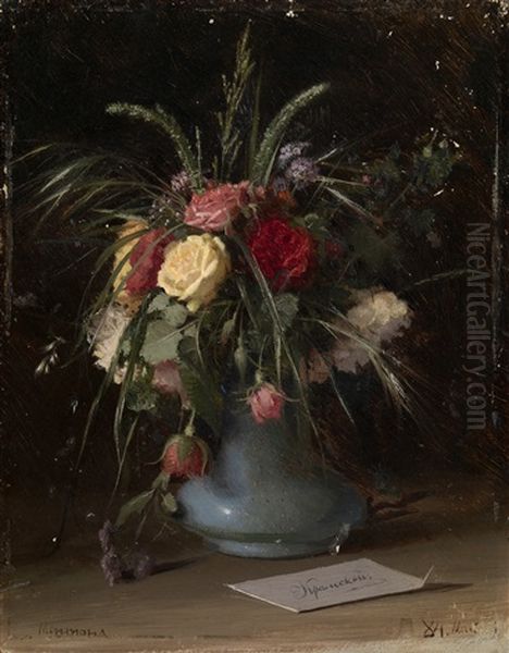 Vase Of Flowers And A Visiting Card Oil Painting by Ivan Nikolaevich Kramskoy