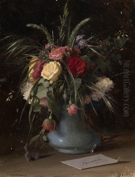 Vase Of Flowers And A Visiting Card Oil Painting by Ivan Nikolaevich Kramskoy