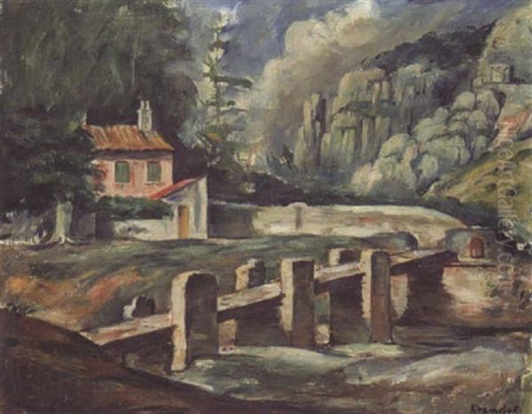 Passerelle Sur La Riviere Oil Painting by Romain Kramstyk