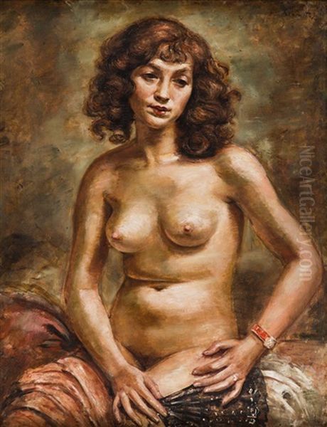 Seated Nude. Girl With Fan And Bracelet Oil Painting by Roman Kramsztyk