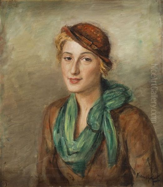 Portrait Of Miss K., 30s Of 20th Century Oil Painting by Roman Kramsztyk