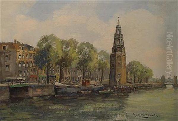 Dutch Canal Scene In Summer Oil Painting by Hendrik Cornelis Kranenburg