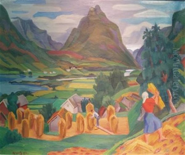 Mountainous Landscape With Harvesters And Haystacks Oil Painting by Nils Krantz