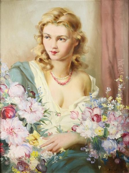 Woman With Flowers Oil Painting by Marcel Krasicky