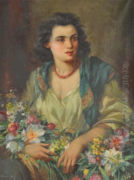 A Flower Girl Oil Painting by Marcel Krasicky