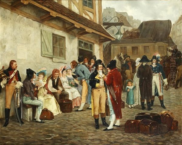 Travellers Outside An Inn Oil Painting by Charles Louis Kratke