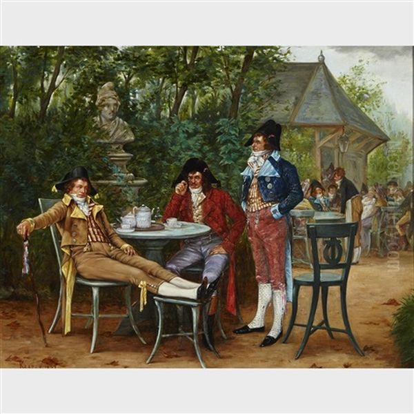 Three Officers At A Tea Party Oil Painting by Charles Louis Kratke