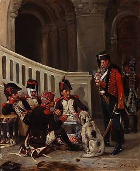 French Officers Preparing Dinner Oil Painting by Charles Louis Kratke