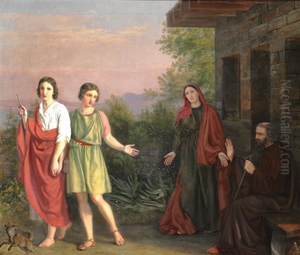 Isaac And Rebecca With The Twins Esau And Jacob Oil Painting by Christian Gottlieb Kratzenstein-Stub