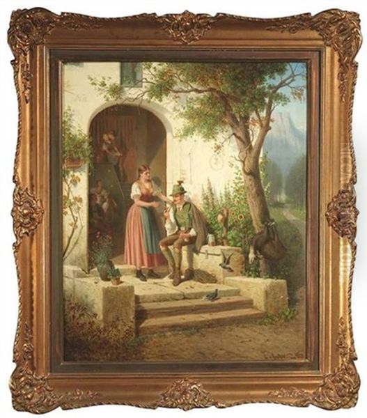 Vor Einem Gasthaus Lasst Sich Ein Sitzender Jager Feuer Fur Seine Pfeife Geben Oil Painting by Carl Von Kratzer