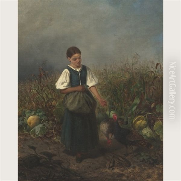 Country Girl Feeding Turkeys In A Cornfield Oil Painting by Carl Von Kratzer