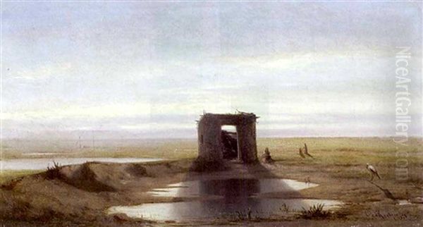 Weite Ungarische Landschaft, Im Vordergrund Rastende Bauern An Einem Kleinen See Oil Painting by Carl Von Kratzer