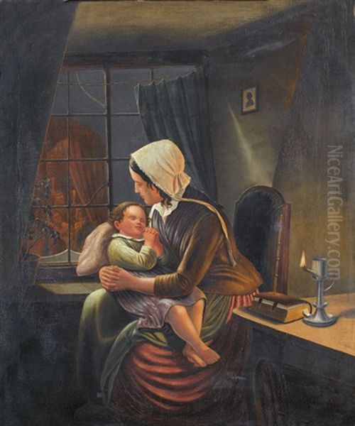 Abendliches Interieur Mit Mutter Und Kind Beim Gebet Oil Painting by Friedrich Franz Adolf Kraetzschmer