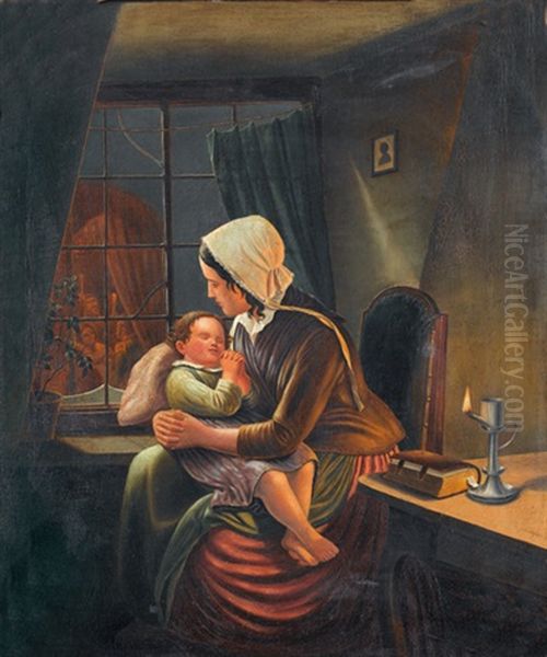 Abendliches Interieur Mit Mutter Und Kind Beim Gebet by Friedrich Franz Adolf Kraetzschmer