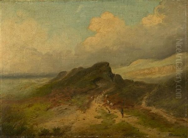 Hirte Mit Schafsherde In Weiter Landschaft Oil Painting by Heinrich Krauel