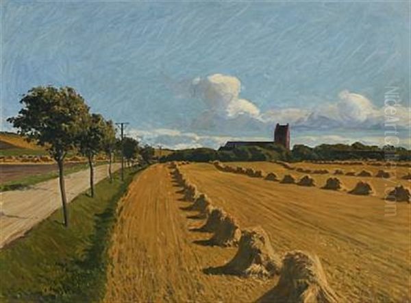 Danish Landscape With Church Oil Painting by Fritz Kraul