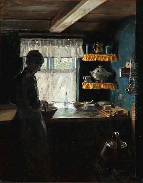 A Woman In A Kitchen Oil Painting by Fritz Kraul