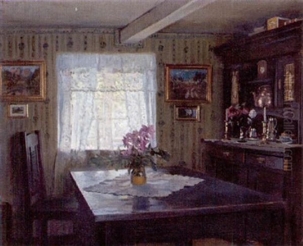 Interior Fra En Dagligstue Med Malerier Pa Vaeggene Og Blomster I Vase Pa Et Bord Oil Painting by Fritz Kraul