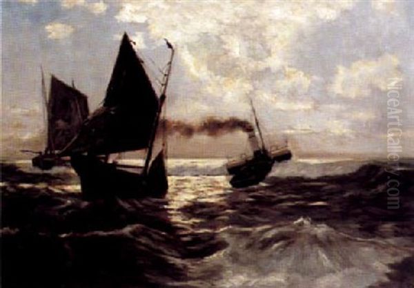 Marine Mit Booten Zwischen Heranrollenden Wogen Oil Painting by Emil Kraus