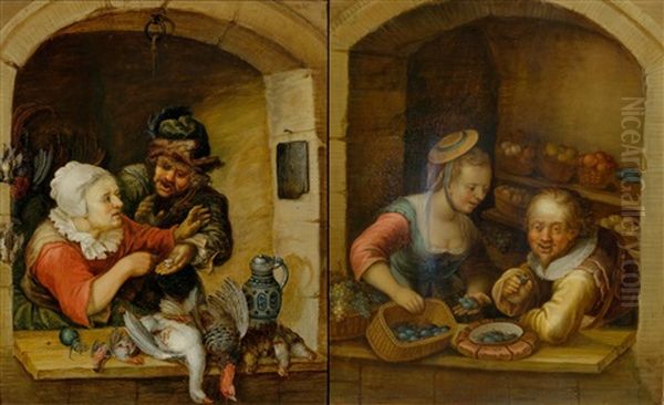 Pair Of Works: Poultry Seller And Fruit Seller Oil Painting by Georg Melchior Kraus