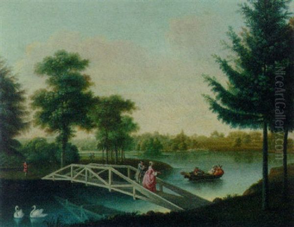 Elegant Figures Crossing A Bridge In A Park Landscape Oil Painting by Georg Melchior Kraus