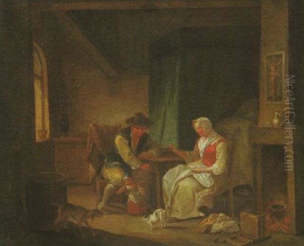 Eine Junge Familie In Einer Stube Mit Dem Tochterchen, Das Erste Gehversuche Unternimmt Oil Painting by Georg Melchior Kraus