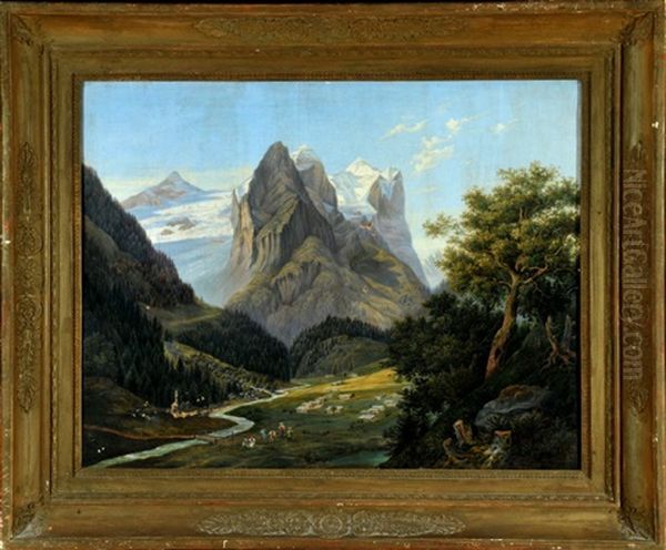 Ausflugler Am Wildbach Mit Almhutten Im Hochgebirge Oil Painting by Philipp Joseph Kraus