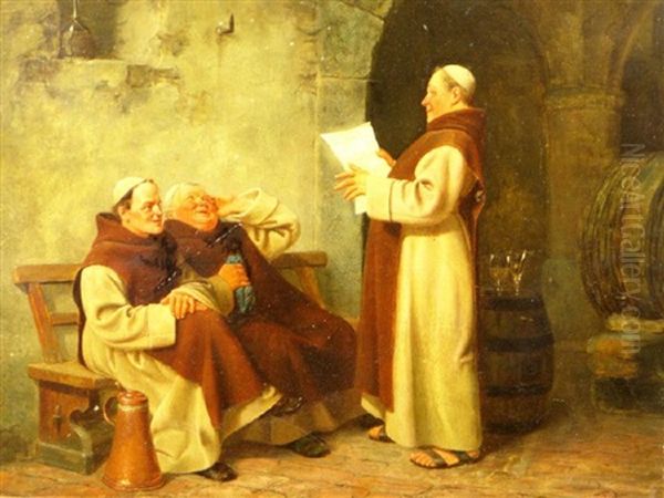 Monks In The Wine Cellar Discussing A Newspaper Article Oil Painting by August Kraus