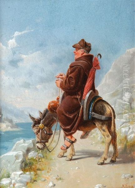 Auf Einem Esel Reitender Monch Oil Painting by August Kraus